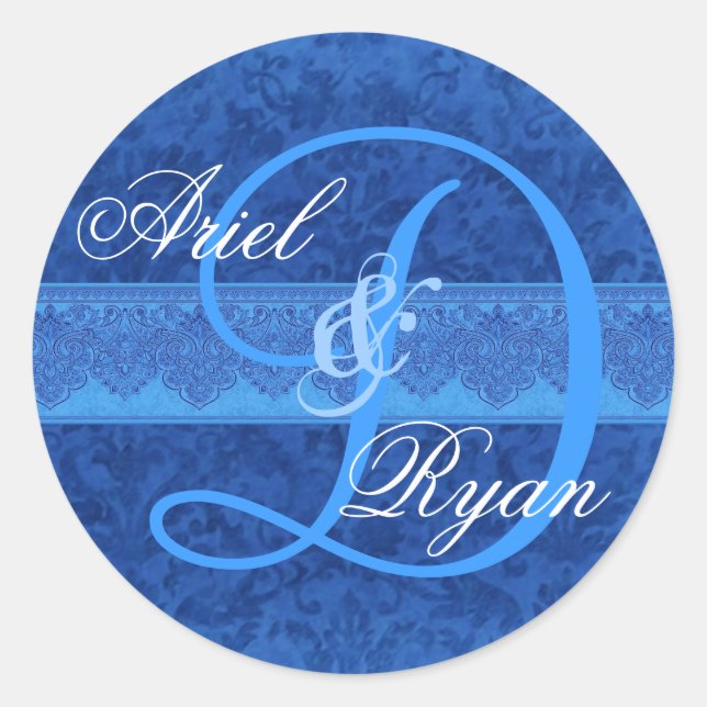 Sticker Rond Cobalt et Sky Blue Mariage damassé Monogramme V2 (Devant)