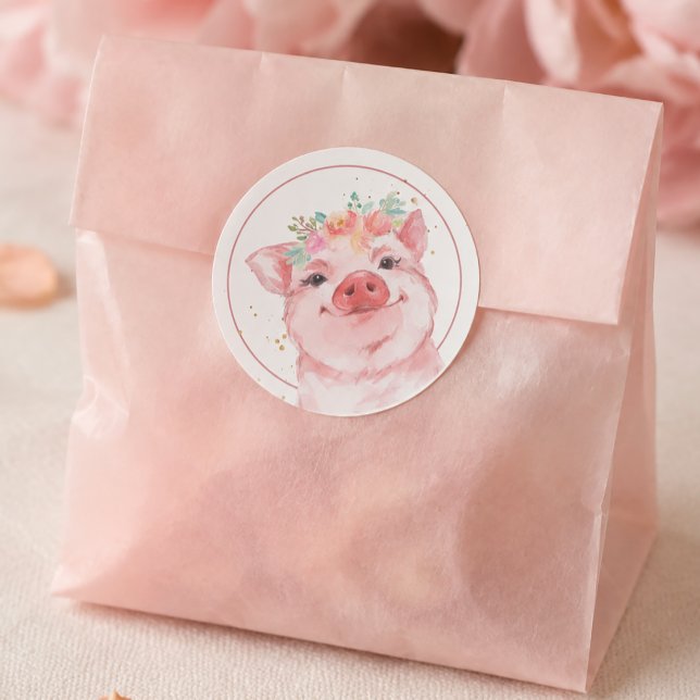 Sticker Rond Cochon à l'aquarelle mignon (Cute Watercolor Pig Classic Round Sticker)