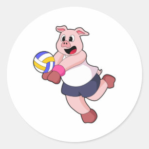 Sticker Rond Cochon à Volleyball Sports
