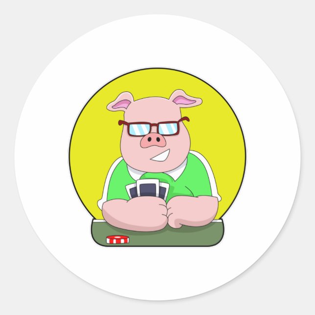 Sticker Rond Cochon au poker avec cartes (Devant)