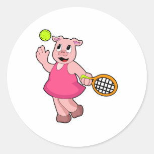 Sticker Rond Cochon au tennis avec raquette de tennis
