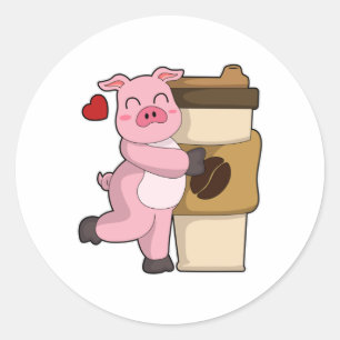 Sticker Rond Cochon avec café pour aller