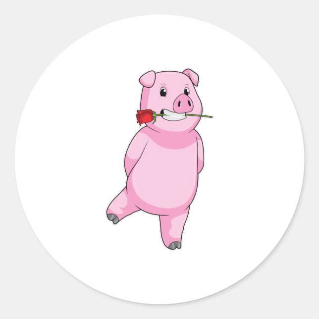 Sticker Rond Cochon avec fleur Rose (Devant)