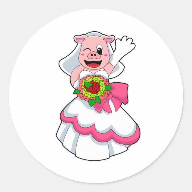 Sticker Rond Cochon avec robe Mariage & Bunch of Flowers (Devant)