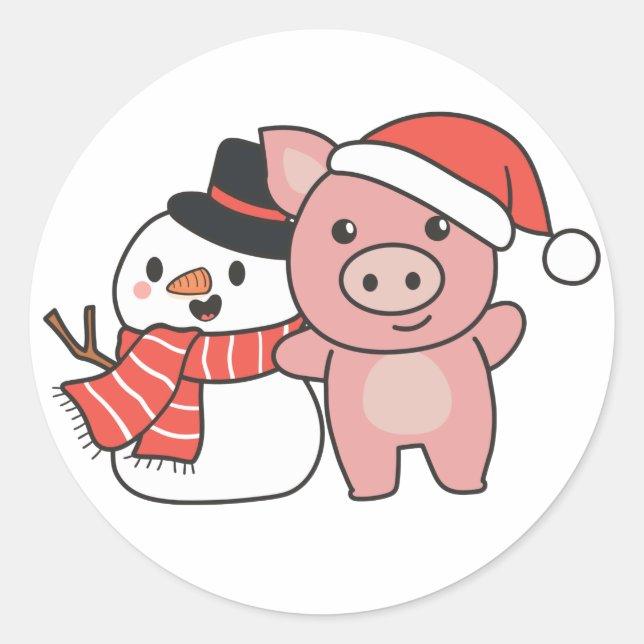 Sticker Rond Cochon Avec Snowman En Hiver Pour Noël Classique R (Devant)