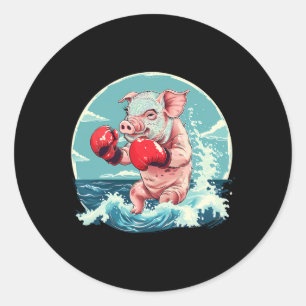 Sticker Rond Cochon Boxeur Avec Gants De Boxe Kickboxing Drôle 