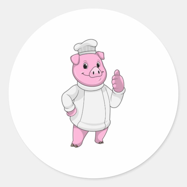 Sticker Rond Cochon comme cuisinier avec casquette chef (Devant)
