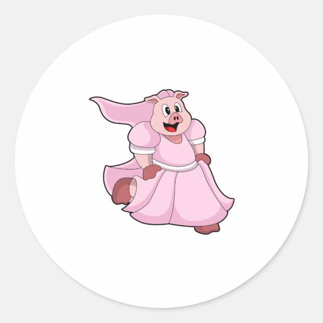 Sticker Rond Cochon comme mariée avec robe de mariée (Devant)