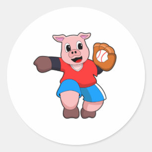 Sticker Rond Cochon de baseball avec gant de baseball