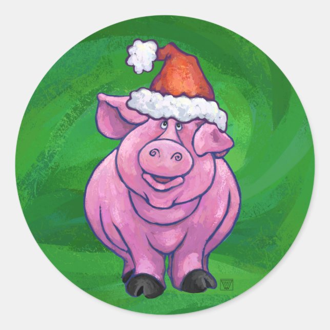 Sticker Rond Cochon de Fête à Santa Hat sur Vert (Devant)