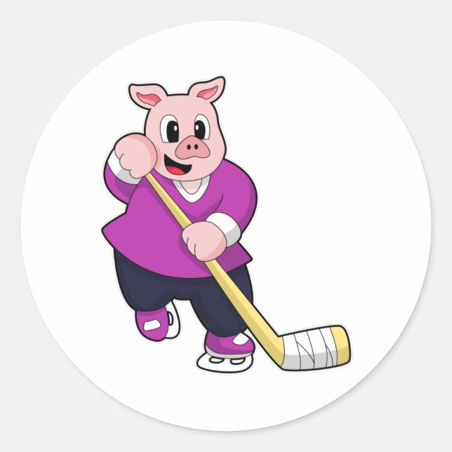 Sticker Rond Cochon de hockey sur glace avec bâton de hockey su (Devant)
