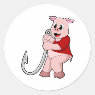 Sticker Rond Cochon de pêche avec hameçon de poisson