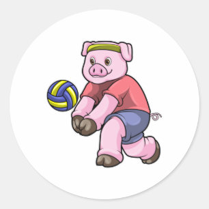 Sticker Rond Cochon de sport avec volleyball