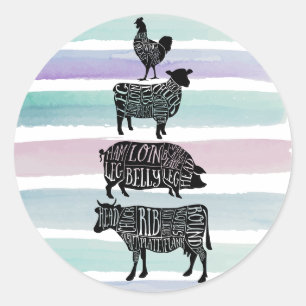 Sticker Rond cochon de vache boucherie charcuterie art petit po