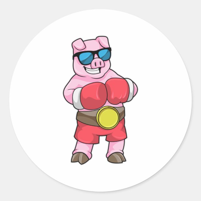 Sticker Rond Cochon en boîte avec gants de boxe (Devant)
