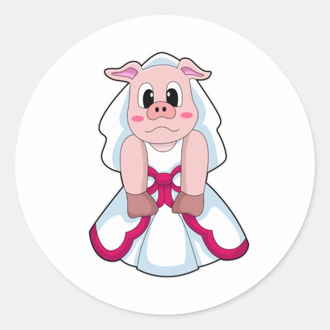 Sticker Rond Cochon en mariée avec robe Mariage (Devant)