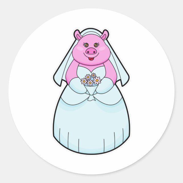 Sticker Rond Cochon en mariée avec Voile (Devant)