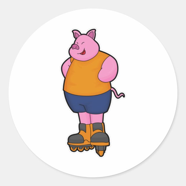 Sticker Rond Cochon en patinage avec patins en ligne (Devant)