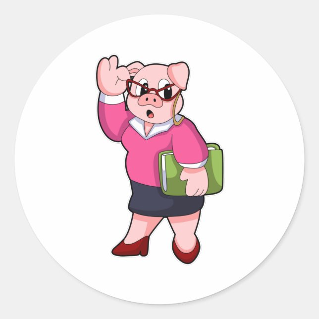 Sticker Rond Cochon en tant que secrétaire avec lunettes (Devant)