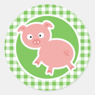 Sticker Rond Cochon ; En vichy vert