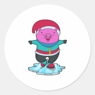Sticker Rond Cochon faisant du patin à glace avec des patins à