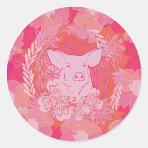 Sticker Rond cochon,fleur de vie, bleu, mandala,zen,chakra,moti
