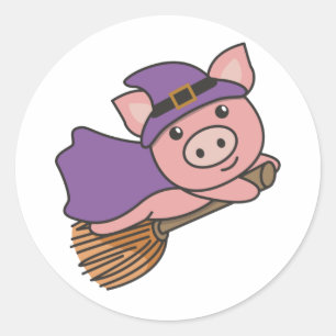 Sticker Rond Cochon Halloween Sorcière Enfants Sorcières Costum
