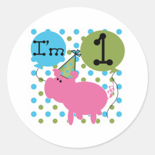 Sticker Rond Cochon Je suis 1 Anniversaire