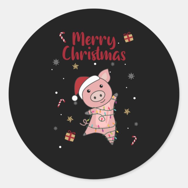 Sticker Rond Cochon Joyeux Noël Animaux Cochons (Devant)