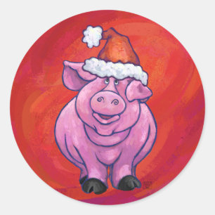 Sticker Rond Cochon mignon à Santa Hat sur rouge