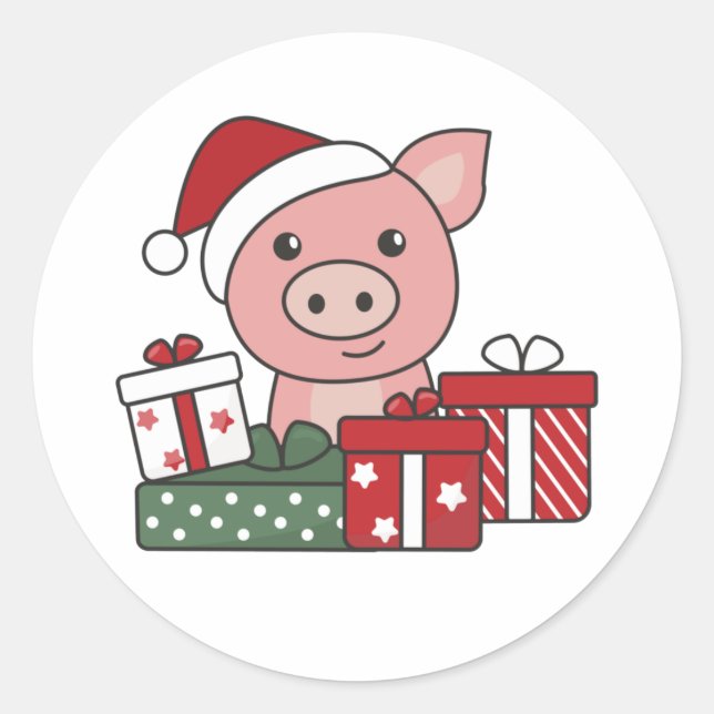 Sticker Rond Cochon Noël Cadeau Animaux d'hiver Cochons (Devant)