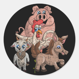 Sticker Rond Cochon Poulet Chèvre Cheval Ferme Équipe Enfants C