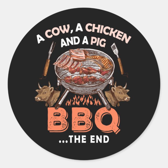 Sticker Rond Cochon Vache BBQ Fumeur Barbecue Grill Chef Papa (Devant)