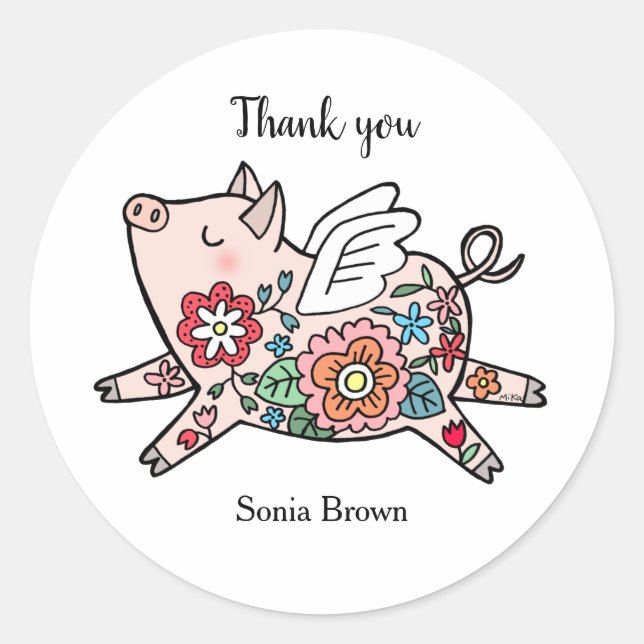 Sticker Rond Cochon volant avec motif floral Cochon mignon pers (Devant)