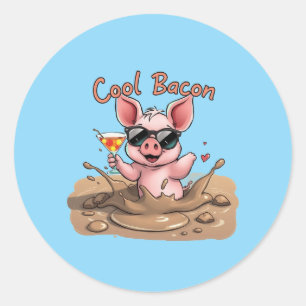 Sticker Rond Cochonnet "Cool Bacon" en lunettes de soleil