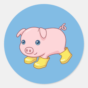 Sticker Rond Cochonnet mignon en bottes en caoutchouc jaune ble