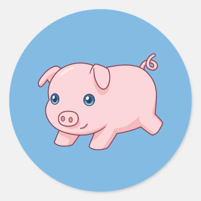Sticker Rond Cochonnet mignon en train de courir sur fond bleu (Devant)