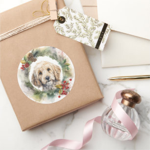 Sticker Rond Cockapoo Christmas Wreath Festive Pup