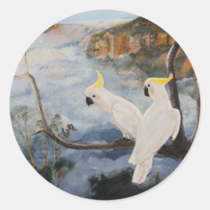 Sticker Rond Cockatoos à pois de soufre dans les Montagnes Bleu