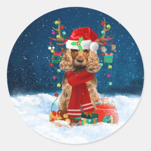 Sticker Rond Cocker Spaniel chien avec cadeaux de Noël
