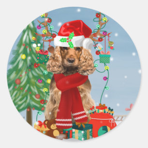 Sticker Rond Cocker Spaniel Chien en neige avec cadeaux de Noël
