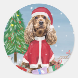Sticker Rond Cocker Spaniel Chien en neige avec cadeaux de Noël