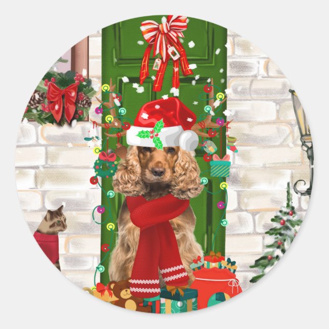 Sticker Rond Cocker Spaniel Chien Noël (Devant)