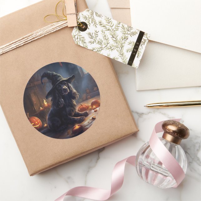 Sticker Rond Cocker Spaniel Citrouilles Halloween Épouvantable (Cadeaux)