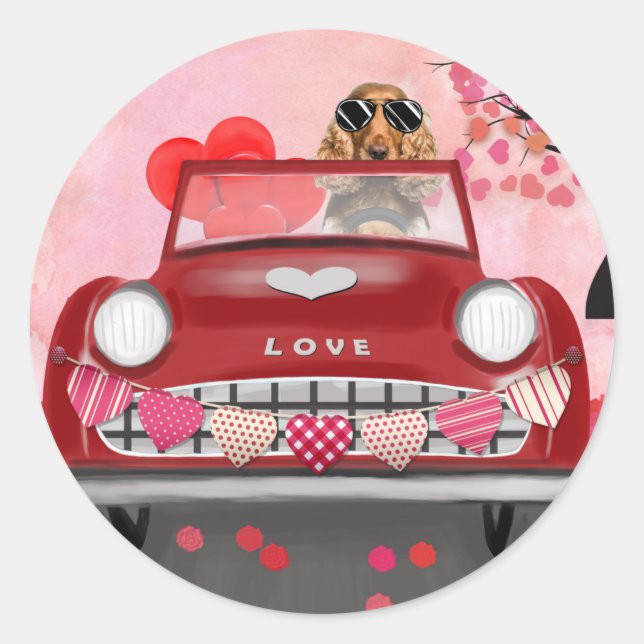 Sticker Rond Cocker Spaniel Conduisant une Voiture avec des Cœu (Devant)