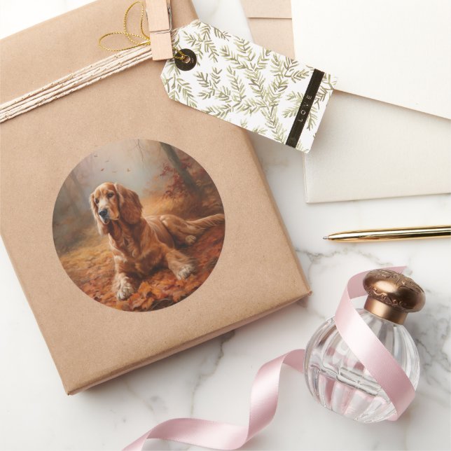 Sticker Rond Cocker Spaniel dans les feuilles d'automne Inspire (Cadeaux)