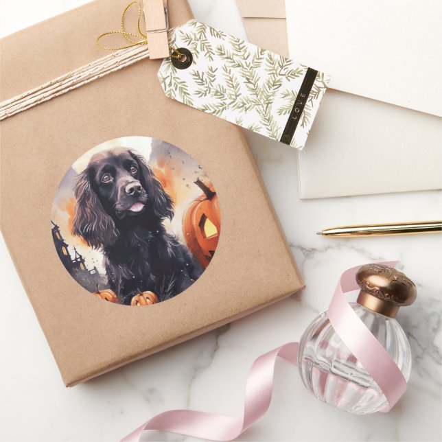 Sticker Rond Cocker Spaniel Halloween avec citrouilles  (Cadeaux)