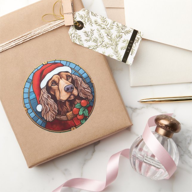 Sticker Rond Cocker Spaniel Vitrail Noël (Cadeaux)