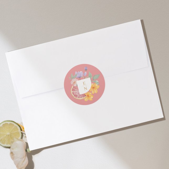 Sticker Rond Cocktail Aquarelle Citrus Mariage Floral Monogramm (Créateur téléchargé)