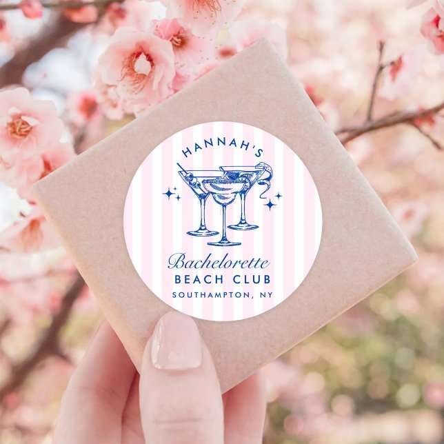 Sticker Rond Cocktail Bachelorette Moderne Rétro Bleu (Créateur téléchargé)